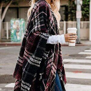Women boho buffalo plaid poncho OZ